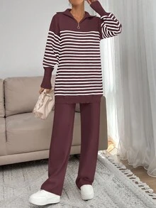 EURMUSE Women Stripe Pattern Zip Detailed Neck Drop Shoulder Pullover & Sweater Pants Set - Burgundy - View 5