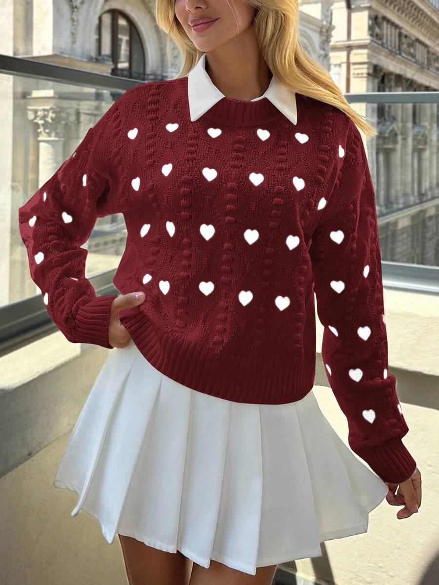 EURMUSE Heart Embroidery Textured Knit Crewneck Pullover - Rose Red - View 1