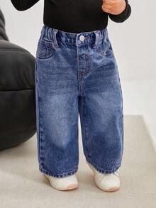 SHEIN Bubblio Baby Girl Vintage Blue Loose Straight Jeans - Dark Wash - View 3
