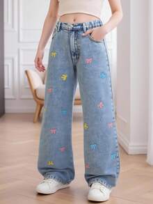 Sparklyn Teen Girl Butterfly Embroidery Pocket Casual Straight Leg Jeans Jeans With Bows - Light Wash - View 4