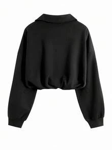 Airaco 女式纯色简约美式复古半拉链运动衫 - 黑色 - 查看 2