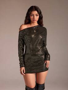 TRNVIE 1pc Women's Sequin Embellished Asymmetric Shoulder Bodycon Party Dress, Long Sleeve, Autumn - Black and Gold - View 4