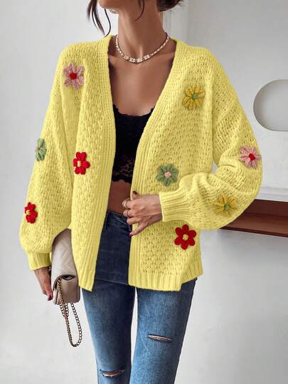 EMERY ROSE Women's Colorful Floral Decor Long Sleeve Casual Cardigan, Christmas