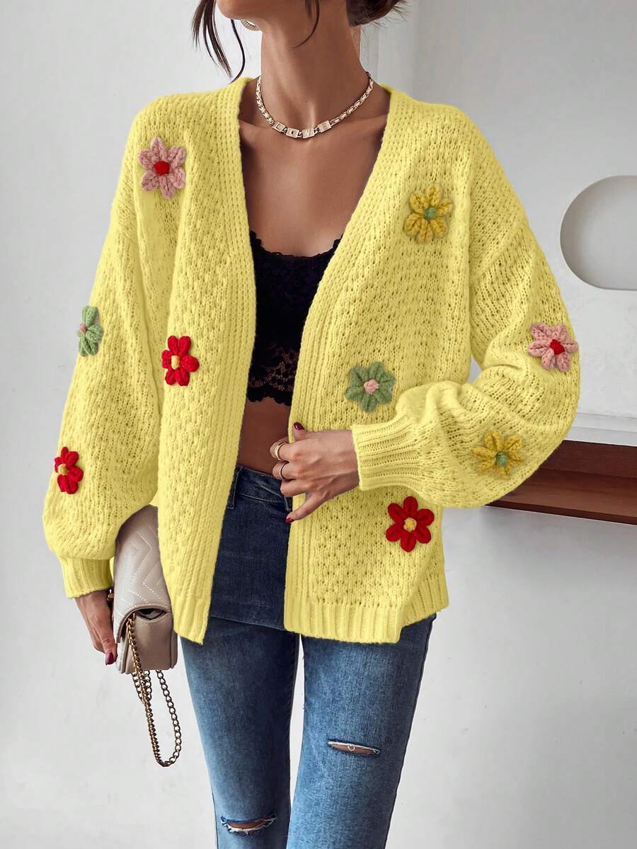 EMERY ROSE 女式彩色花卉装饰长袖休闲开衫 - 黃色 - 查看 1