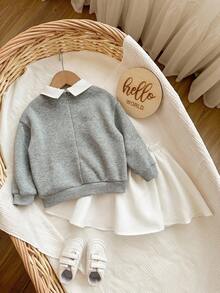 SHEIN 2 件女婴可爱字母图案翻领运动衫和迷你裙套装，秋冬 - 彩色 - 查看 2