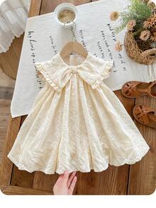 SHEIN LMoss Kids Babygirl 可爱杏色花卉刺绣节日彼得潘领夏季连衣裙 - 米色 - 查看 8