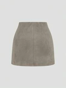 Sweetra Rok Pendek Berlipit Asimetris Ukuran Besar Warna Cokelat dengan Dekorasi Resleting dan Bahan Suede Berbulu Halus, Gaya Minimalis untuk Beraktivitas Sehari-hari, Musim Gugur/Dingin - Light Grey - View 2