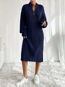 EURMUSE Women Knit Sweater Dress With Zipper Detail,Petite - Navy Blue - View 6