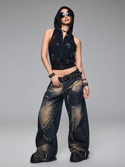 Grunge Punk بنطلون جينز واسع ذو خصر منخفض جدًا بلون أزرق داكن مبهت ومرقع بطريقة عتيقة من طراز Y2K