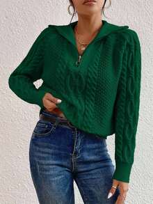 SHEIN Cottnline Women's Solid Color Half-Zip Casual Raglan Sleeve Knit Pullover Sweater - Dark Green - View 5