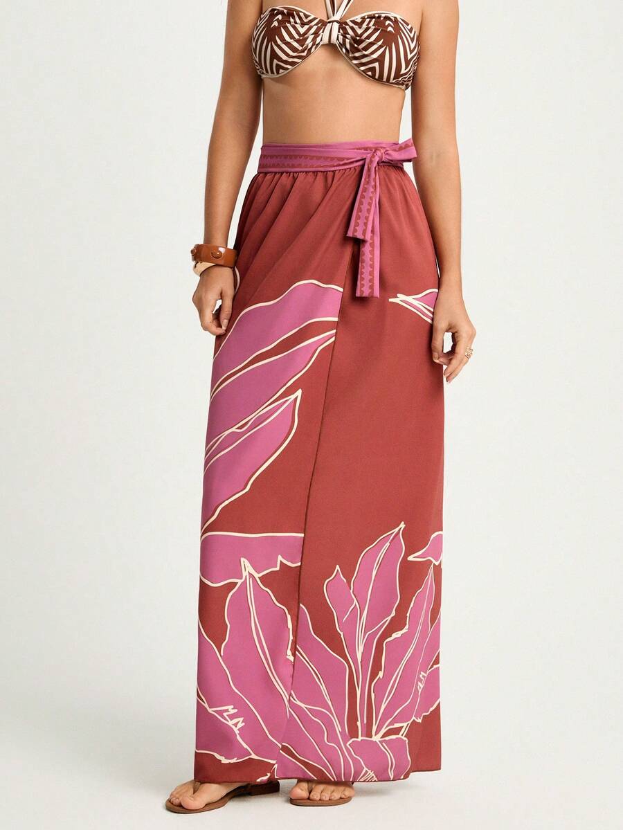 CAJUNI 女式波西米亚风热带红色印花休闲夏季沙滩泳装裹身裙罩衫 - 酒紅色 - 查看 1