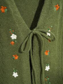 Sweetra Chaleco de punto retro lindo con cuello en V bordado, tirantes con lazo y color caqui, para otoño/invierno