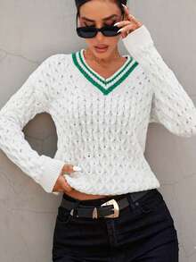 EURMUSE Áo len dệt kim dài tay cổ chữ V thường ngày cho nữ - màu xanh lá - Xem 5