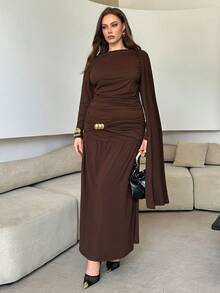 Modelyn Vestido de manga larga con diseño de pliegues para mujer de talla grande en otoño