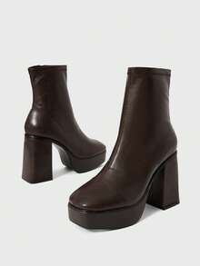 SHEIN X Lucía Bellido Sugerpunk Fashionable & Versatile Simple High Heel Platform Ankle Boots For Christmas - Chocolate Brown - View 5