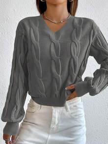 Cloudara Solid Cable Knit V Neck Crop Sweater - Grey - View 4
