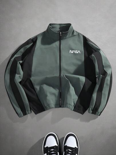 Manfinity EMRG 男士休闲时尚街头运动字母印花撞色条纹立领拉链长袖夹克，秋季款