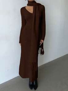 Elenzga Elegant Light Apricot V-Neck Simple Comfortable Vintage Style Knitted Dress With Tassel Scarf, Suitable For Commuting And Outings In Autumn/Winter - Brown - View 7