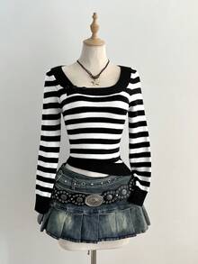 Elamini 女式休闲百搭条纹圆领修身毛衣，秋冬 - 彩色 - 查看 5