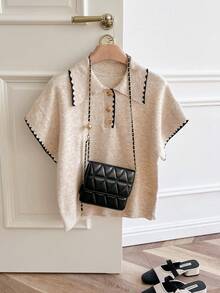 SHEIN Frenchy 女式撞色饰边短袖针织上衣 - 杏色 - 查看 6