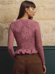 lacRébo Dusty Pink Lace Blouse With Pearl Buttons And Ruffled Hem, Long Sleeves, Chic Fall-Winter - Pink - View 2