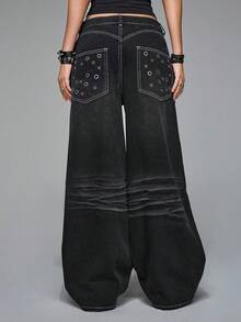 ROMWE Grunge Punk Y2K Edgy Metallic Distressed Wide Leg Super Low Waist Loose Fit Jeans For Women - Black - View 2