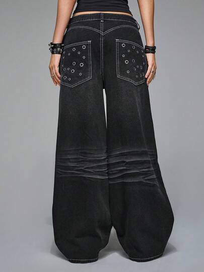 Grunge Punk بنطلون جينز نسائي واسع الساق بخصر منخفض جدًا مرتخي ومشوه معدني من طراز Y2K