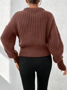 Women Solid Color Round Neck Drop Shoulder Long Sleeve Loose Knit Sweater For Autumn/Winter