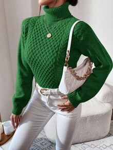 EURMUSE Turtleneck Cable Knit Sweater - Green - View 4