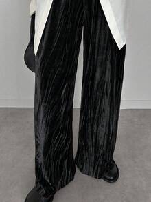 FRIFUL Women's Solid Brown Velvet Elastic Waist Loose Casual Straight Leg Pants, Autumn - Black - View 1