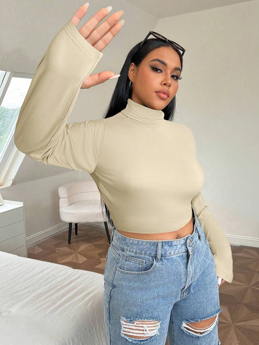 SHEIN EZwear 加大高领拇指洞短款T恤春装 - 杏色 - 查看 1