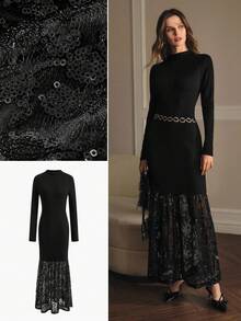 MOTF PREMIUM Vestido ajustado sin cinturón con cuello alto, contraste de lentejuelas, malla transparente y volante en el bajo - Negro - Ver 8