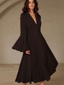 Aveloria Rosie Stunning Fuchsia Collared Single-Breasted Cinched Waist Flared Long Sleeve Shirt Dress For Women - Brown - View 5
