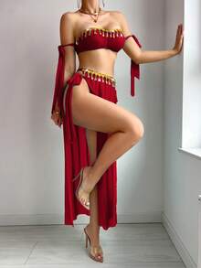 SHEIN 3pcs Set Sexy Mesh Fringe Tie-Up Bow Bandeau Maxi Dress Outfit - Burgundy - View 5