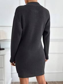 EURMUSE Women Zipper Detail Solid Color Casual Knit Dress - Dark Grey - View 6