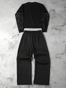 PAVTROS 男士极简印花圆领长袖卫衣长裤套装 男士两件套 男士两件套 男士套装 男士水钻运动裤套装 男士两件套 水钻男士套装 男士两件套 拼接男士运动裤套装 男士两件套，秋季服装 - 黑色 - 查看 5