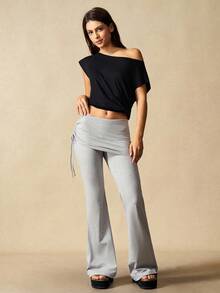 VARSIVA 翻边紧身裤 女士纯色侧抽绳设计喇叭运动裤 - 淺灰色 - 查看 4