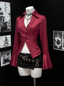 EgrlEra 深酒红色不对称下摆和袖口长袖衬衫 - 酒紅色 - 查看 1