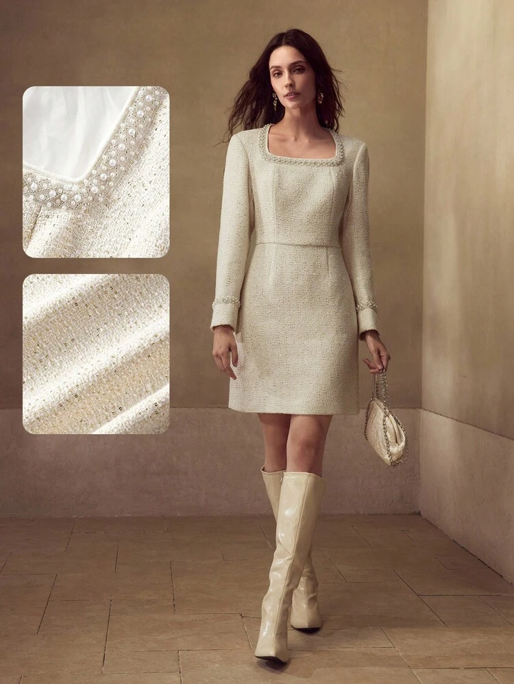TWEED FAUX PEARL TRIM DRESS