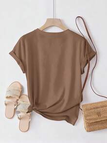 INAWLY Áo thun cổ chữ V tay ngắn in hình lá phong và khẩu hiệu cỡ lớn dành cho nữ - màu nâu - Xem 2