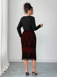 Elenzga Plus Size Women Floral Lace Patchwork V-Neck Long Sleeve Fishtail Hem Fitted Elegant Dress Fall - Burgundy - View 2