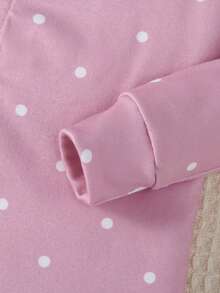 2pcs Baby Girls' Pink & White Long Sleeve Jumpsuit Pajama Set, Cute Polka Dot & Bow Print Design - Multicolor - View 3