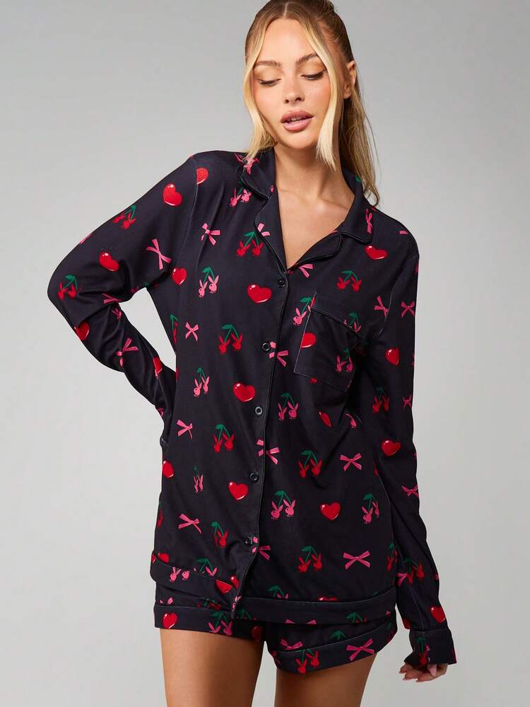 Missguided x Playboy Cherry Bow Print Pajama Set With Button Front
