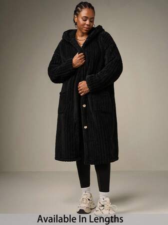 SHEIN Tall CURVE Plus Size Damjacka med Hoodie, Långärmad, Avslappnad, Dubbelsidig Fleecejacka med Dragsko, Höst/Vinter