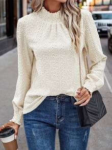 EMERY ROSE 女士镂空刺绣立领宽松长袖T恤 - 杏色 - 查看 4