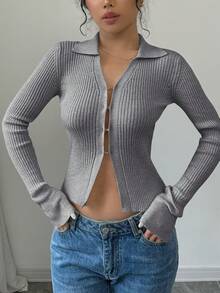Selianne Cárdigan de punto ajustado con botones delanteros, mangas acampanadas y cuello sólido - Gris - Ver 3
