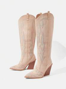 Styleloop Women's Black Patchwork Tall Boots, Western Style Stacked Heel Pointed Toe Boots, Suitable For Party, Christmas, Halloween Outfits - Apricot - View 1