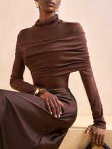 Zivah 秋冬新婚季，情人节新年版适合日常约会、通勤、商务、淑女、优雅、邮轮派对、简约、网络流行、生日宴会、高端派对、打底衫、绒领、长袖裹身、长袖紧身上衣、棕色拉绒羊毛针织面料女式T恤-A - 棕色 - 查看 8