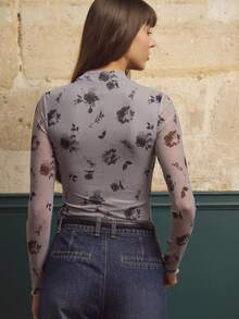 lacRébo Grey High Neck Long Sleeve Mesh Top With Black Floral Print Pattern Spring Summer - Purple - View 2