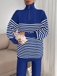 EURMUSE Women Stripe Pattern Zip Detailed Neck Drop Shoulder Pullover & Sweater Pants Set - Blue - View 3